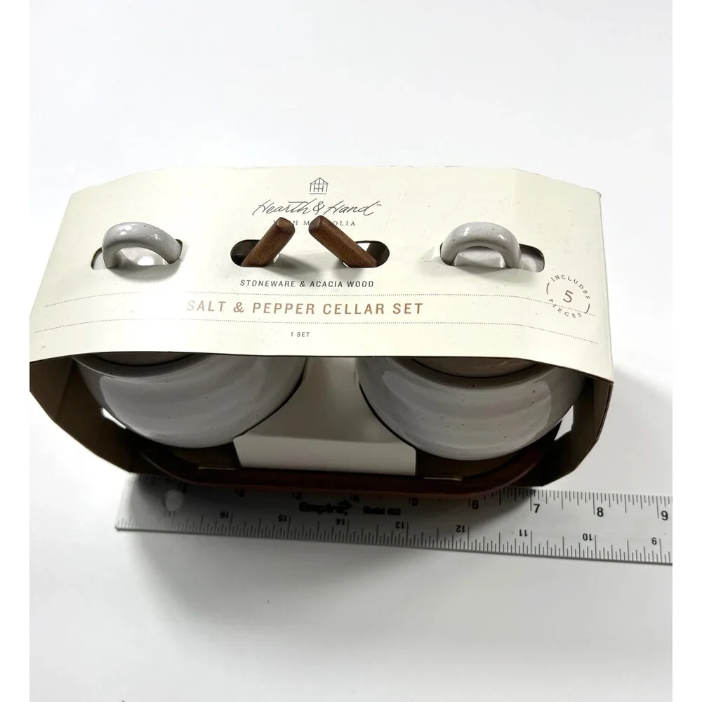 Hearth & Hand Magnolia Salt & Pepper Cellar Set White Stoneware Acacia Wood 5pc